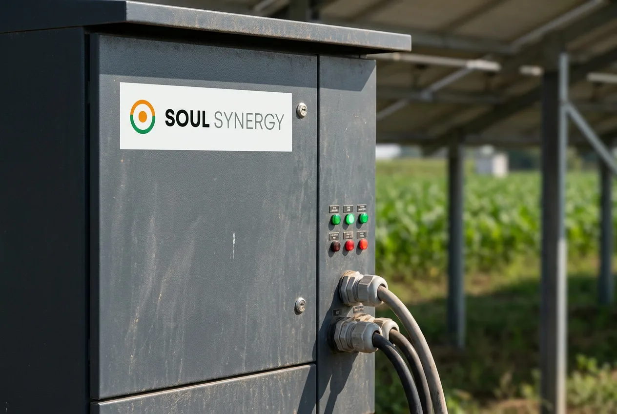 Armário de inversor com a marca Soul Synergy instalado na lavoura