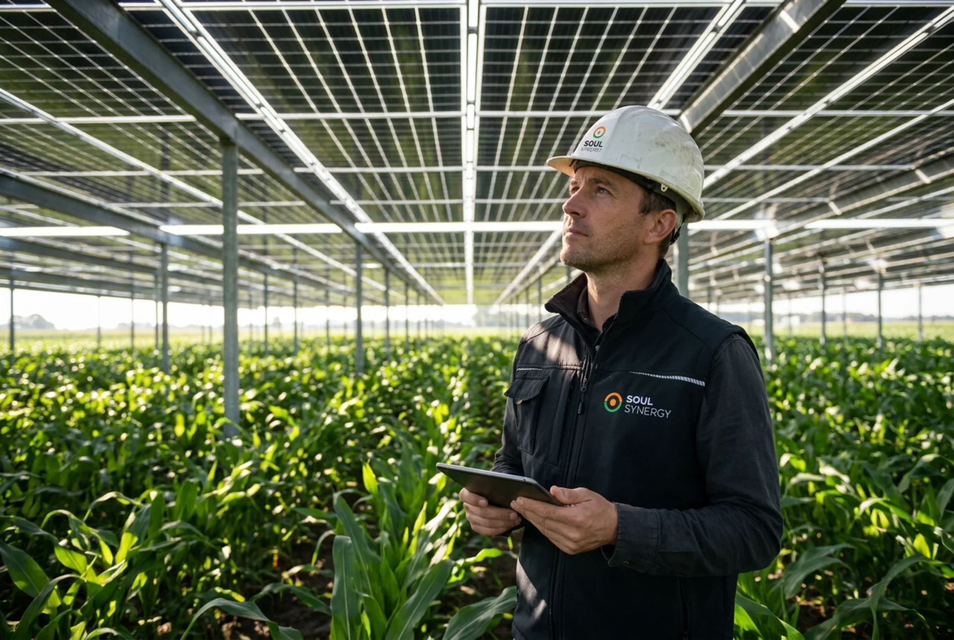 Técnico da Soul Synergy com tablet, sob a estrutura agrivoltaica, com a lavoura ao redor
